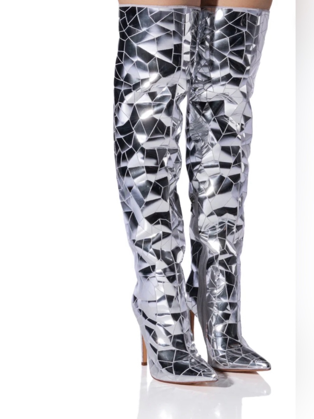 Mirror-Effect Silver Over-the-Knee Stiletto Boot
